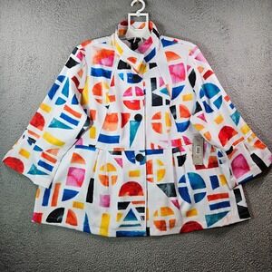 $89 NWT Ali Miles Colorful Top Shirt  2X Geometric‎ Print 3/4 Sleeve White - NEW
